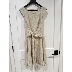 Piazza Del Tempio Italy Linen Dress Taupe Cap Sleeve Front Tie Lagenlook  Resort